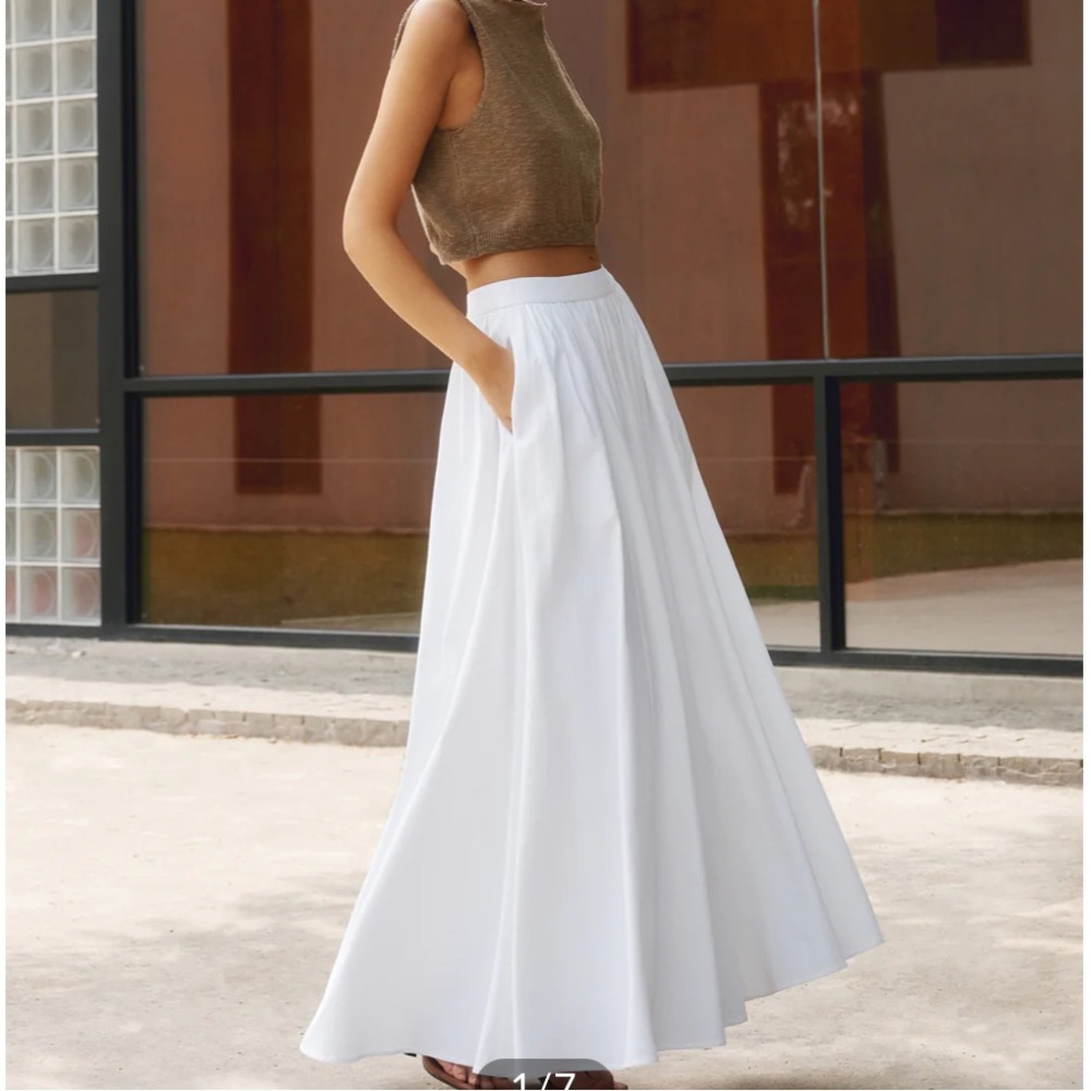 Commense Linen Pleated White Maxi Skirt